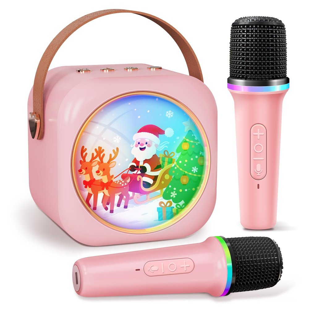 Mini Karaoke Machine with 2 Wireless Microphones,Gift for 3-12 Years Old, 2026 Best Christmas Birthday Toy for Girls Boys Party (Chrismas-Pink)