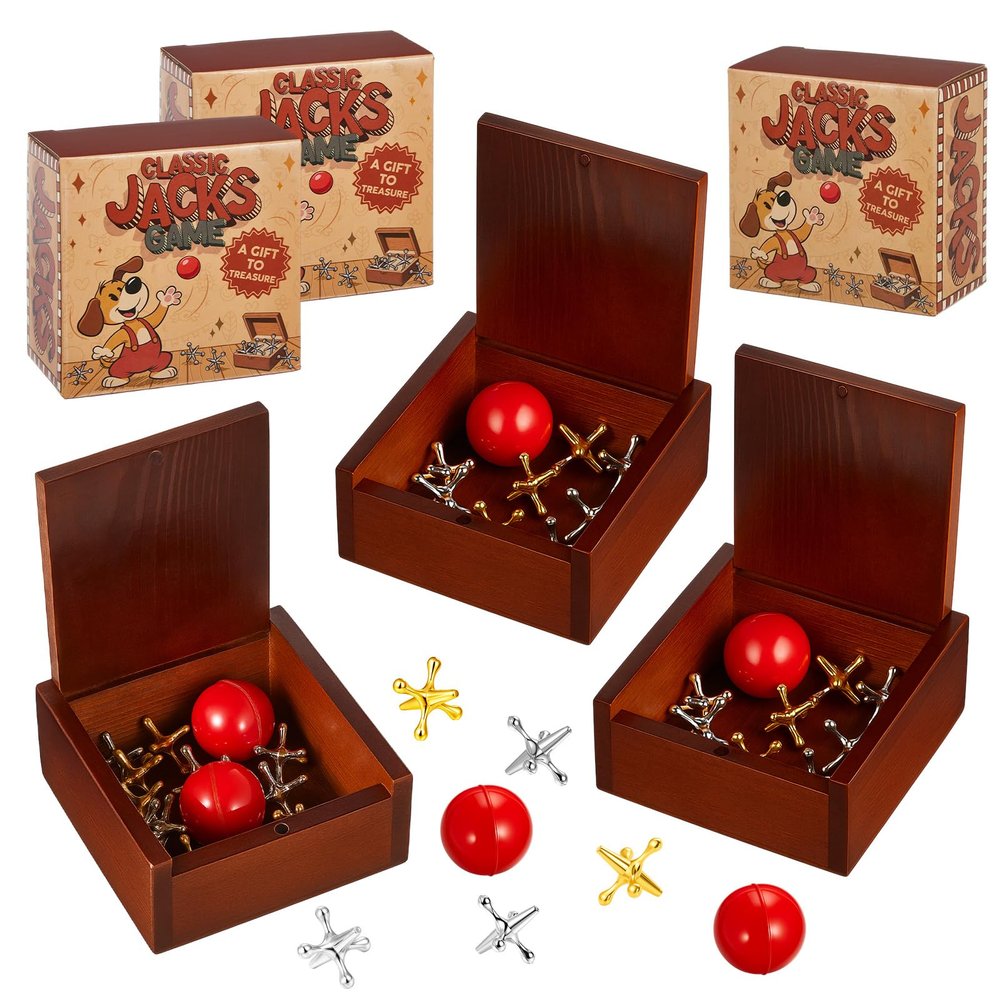 Gejoy 3 Packs Metal Jacks Set with 36 Metal Jacks and 6 Red Rubber Balls in Wooden Box Retro Jackstones Game for Adults Christmas End of Year Family Gatherings Gifts Birthday Party Favors