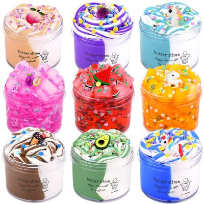 9 Pack Slime Kit, with 3 Jelly Cube Crunchy Slime 6 Butter Slime, Soft Non-Sticky, with 9 Cute Charms, Stress Relief Toy for Girls Boys, Party Favor for Kids, Birthday Favor, Christmas Toys