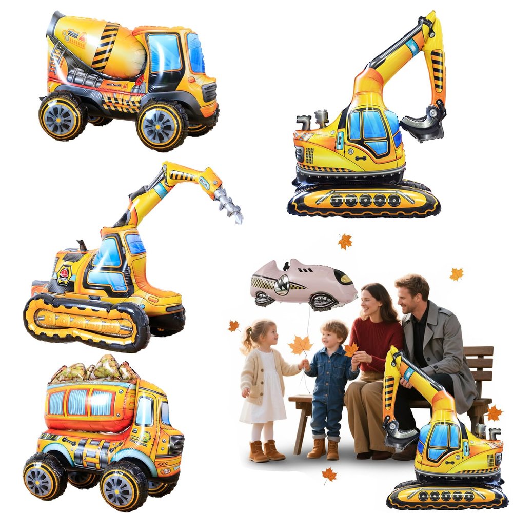 4PCS Self-Standing Engineering Vehicle Balloon Large 4D Foil Construction Excavator Party Decoration, Easy to Inflate, Birthday, Shower & Construction Theme Supplies
