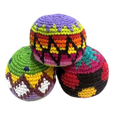 Footbag Sack for Kick Ball, Assorted Sets, Crochet Foot Bag for Adults, Juggling Balls for Beginners, Multicolored Geometric Pattern, Handmade Guatemalan Crafts