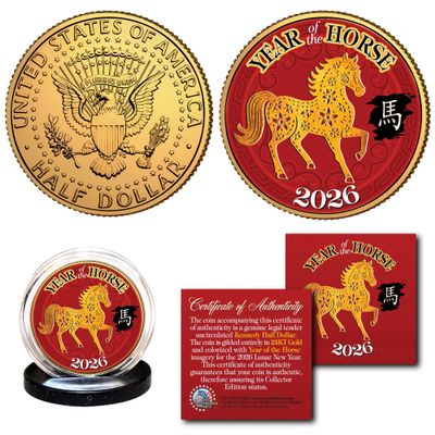 2026 Year of The Horse Chinese Lunar New Year of The Horse Gold Plated JFK Kennedy Half Dollar Collectible Coin