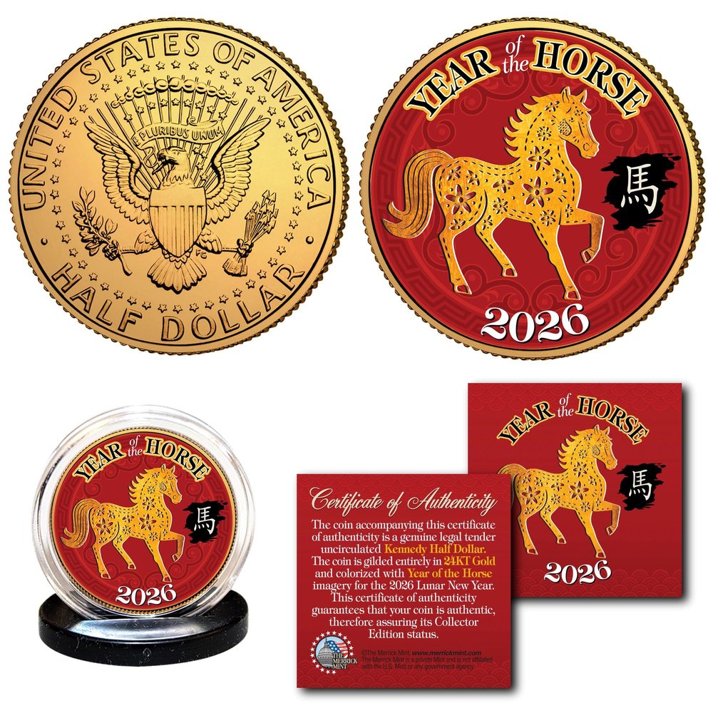 2026 Year of The Horse Chinese Lunar New Year of The Horse Gold Plated JFK Kennedy Half Dollar Collectible Coin