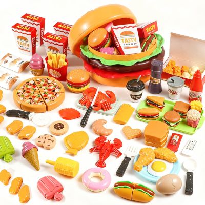 76 Pcs Fast Food Play Set with Giant Burger Storage Cutting Play Food Toys for Kids Kitchen Aged 3 4 5, Includes Pizza, Burger, Fries & Ice Cream, Birthday Gift for Boys Girls