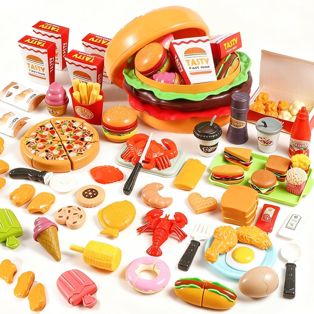 76 Pcs Fast Food Play Set with Giant Burger Storage  Cutting Play Food Toys for Kids Kitchen Aged 3 4 5, Includes Pizza, Burger, Fries & Ice Cream, Birthday Gift for Boys Girls