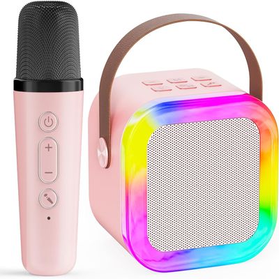 Karaoke Machine for Kids,2025New Mini Portable Karaoke Toys, Karaoke Speaker with 2 Wireless Microphone & Light for Home Party for Adults (Pink-1Mic)