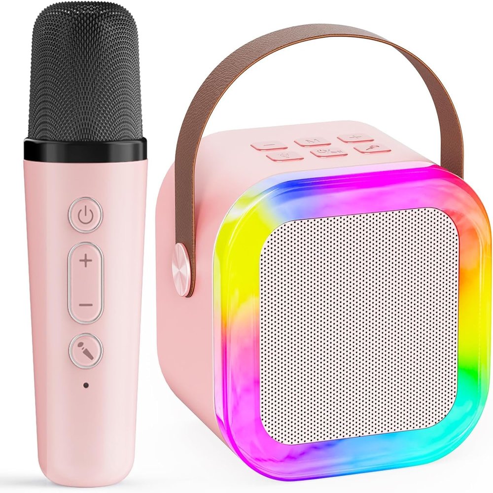 Karaoke Machine for Kids,2025New Mini Portable Karaoke Toys, Karaoke Speaker with 2 Wireless Microphone & Light for Home Party for Adults (Pink-1Mic)
