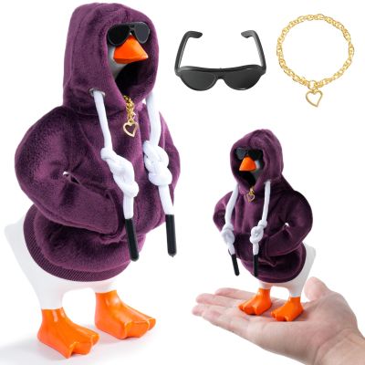 6 Set 7inch Desk Goose Outfits, Mini Desktop Goose Clothes Desk Goose Accessories Set for Magnetic Goose Statue ( Purple Hoodie+ Sunglasses+ Necklace )