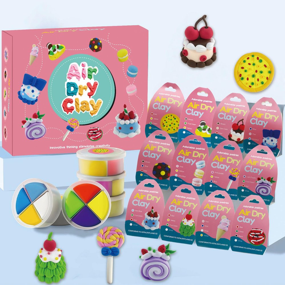Air Dry Clay Kit - Cakes Themed,12 Desserts DIY Molding Clay Art Crafts Set for Girls Boys Party Favors Classroom School Exchange PrizeCake