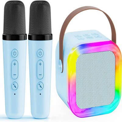 Karaoke Machine for Kids,2025New Mini Portable Karaoke Toys, Karaoke Speaker with 2 Wireless Microphone & Light for Home Party for Adults (Blue-2Mic)