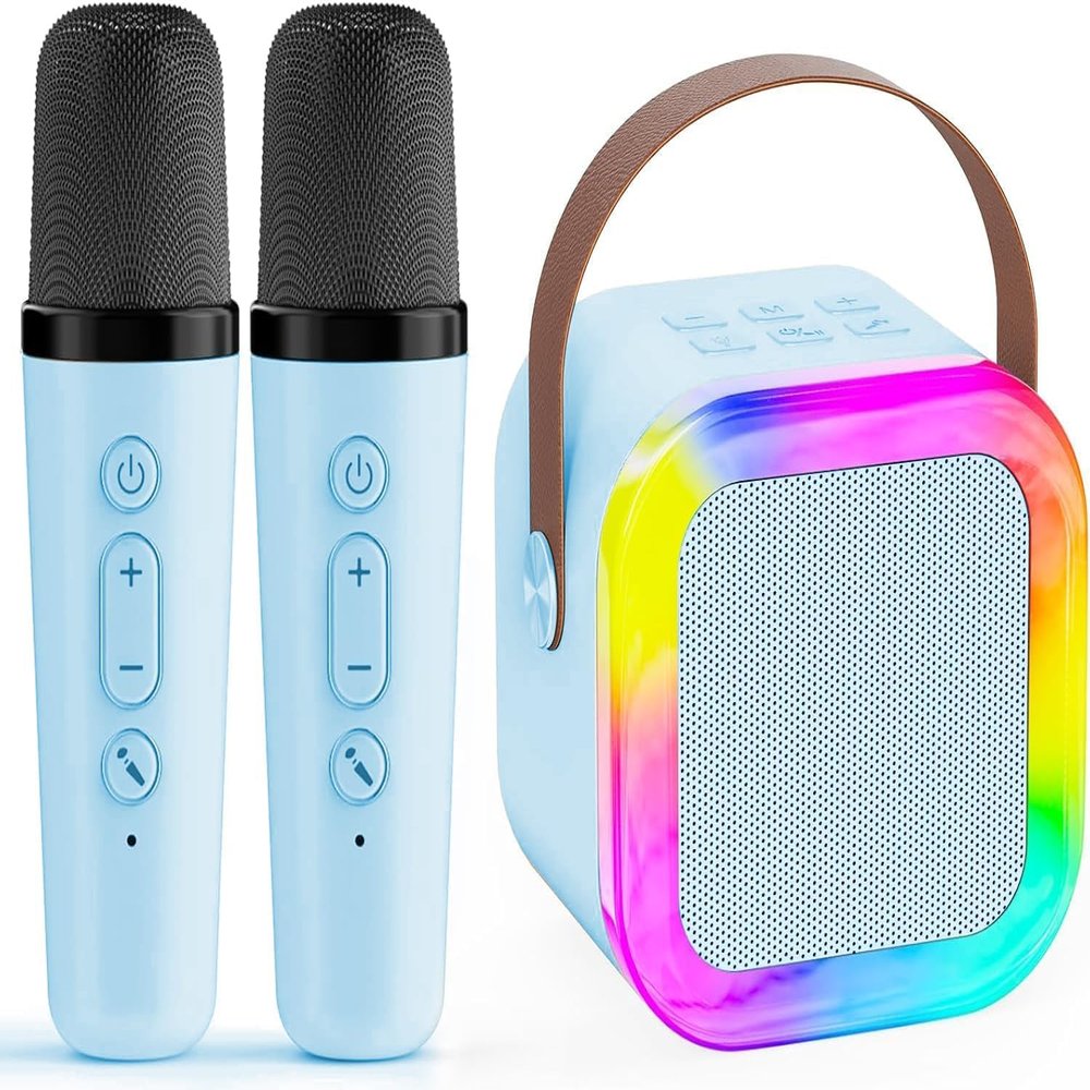 Karaoke Machine for Kids,2025New Mini Portable Karaoke Toys, Karaoke Speaker with 2 Wireless Microphone & Light for Home Party for Adults (Blue-2Mic)