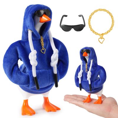 6 Set 7inch Desk Goose Outfits, Mini Desktop Goose Clothes Desk Goose Accessories Set for Magnetic Goose Statue ( Dark Blue Hoodie+ Sunglasses+ Necklace )