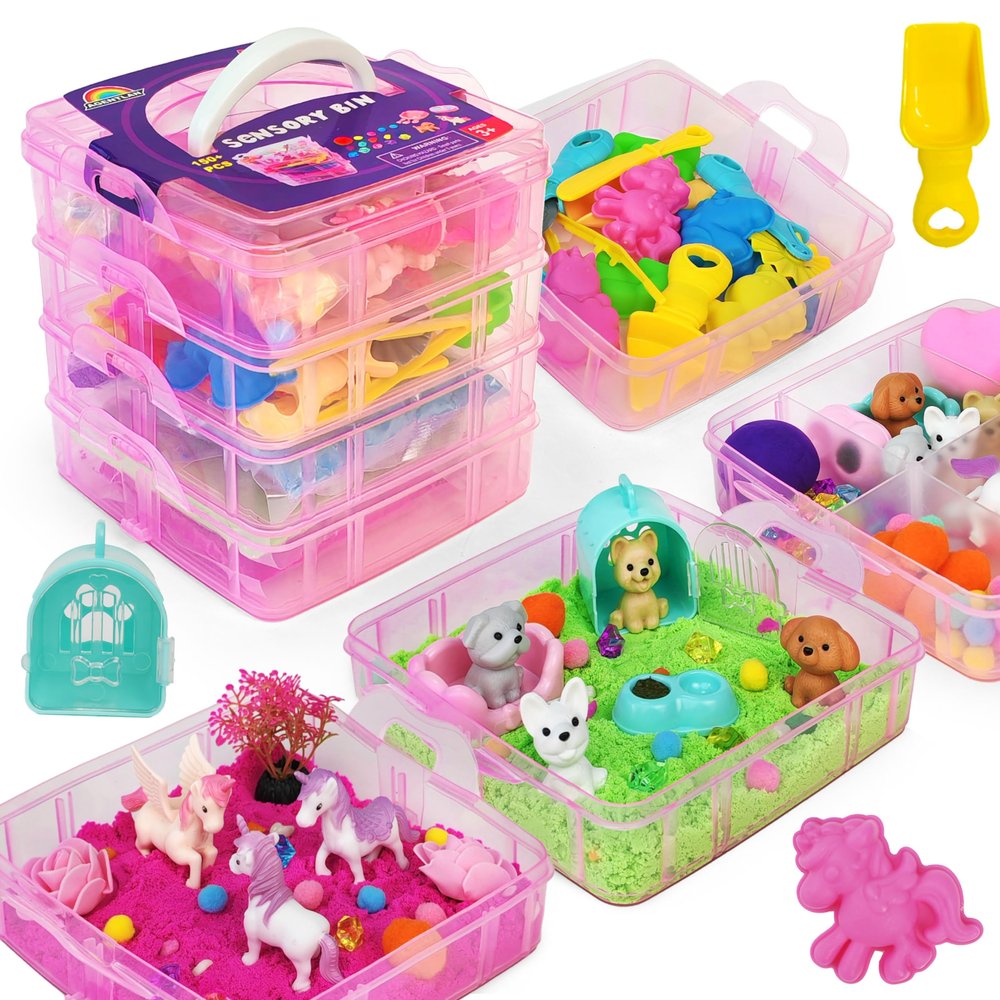 AGENTLAN Stackable Sensory Bin, Unicorn & Pet Sensory Sand, Unicorn and Pet Sandbox with Play Sand for Toddlers Boys and Girls, Kids Toys Gift for Age 3 4 5 6 7 8+