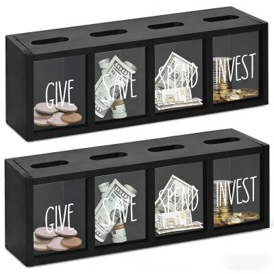 2 Pcs Piggy Bank for Kids Girls Boys, Wooden Give Save Spend Bank for Money Saving Box, Rustic Coin Banks for Adults, Change Coin Jar for Piggy Bank Toy, Early Ideas for Kids