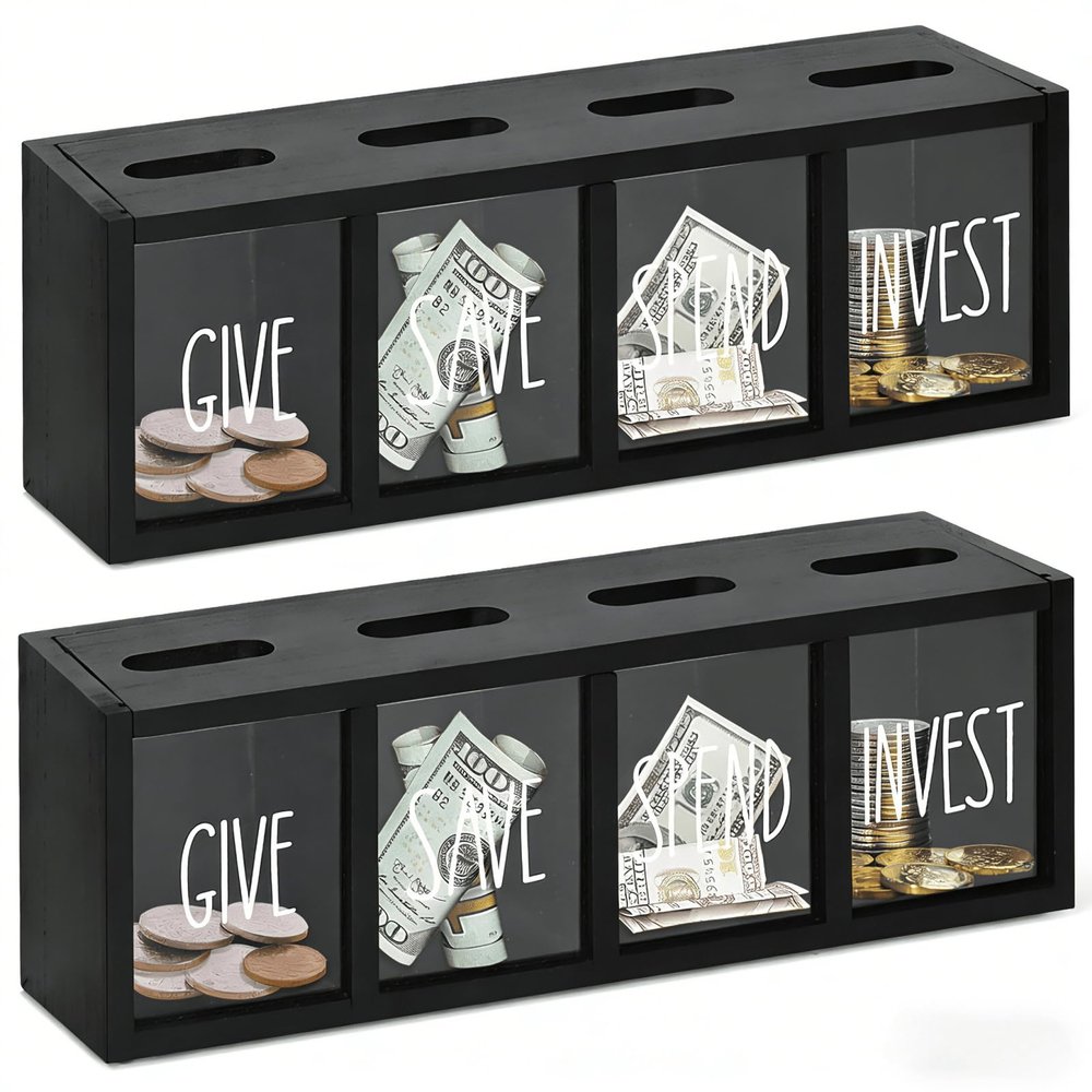 2 Pcs Piggy Bank for Kids Girls Boys, Wooden Give Save Spend Bank for Money Saving Box, Rustic Coin Banks for Adults, Change Coin Jar for Piggy Bank Toy, Early Ideas for Kids