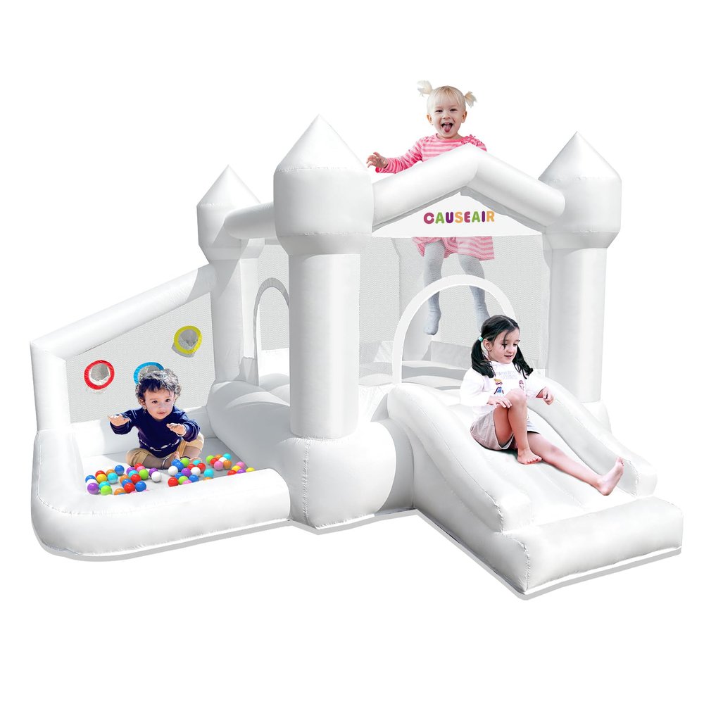 Causeair Inflatable White Bounce House with Ball Pit,Bounce Castle Indoor & Outdoor Use,Bouncy House with Blower for Kids 3-8