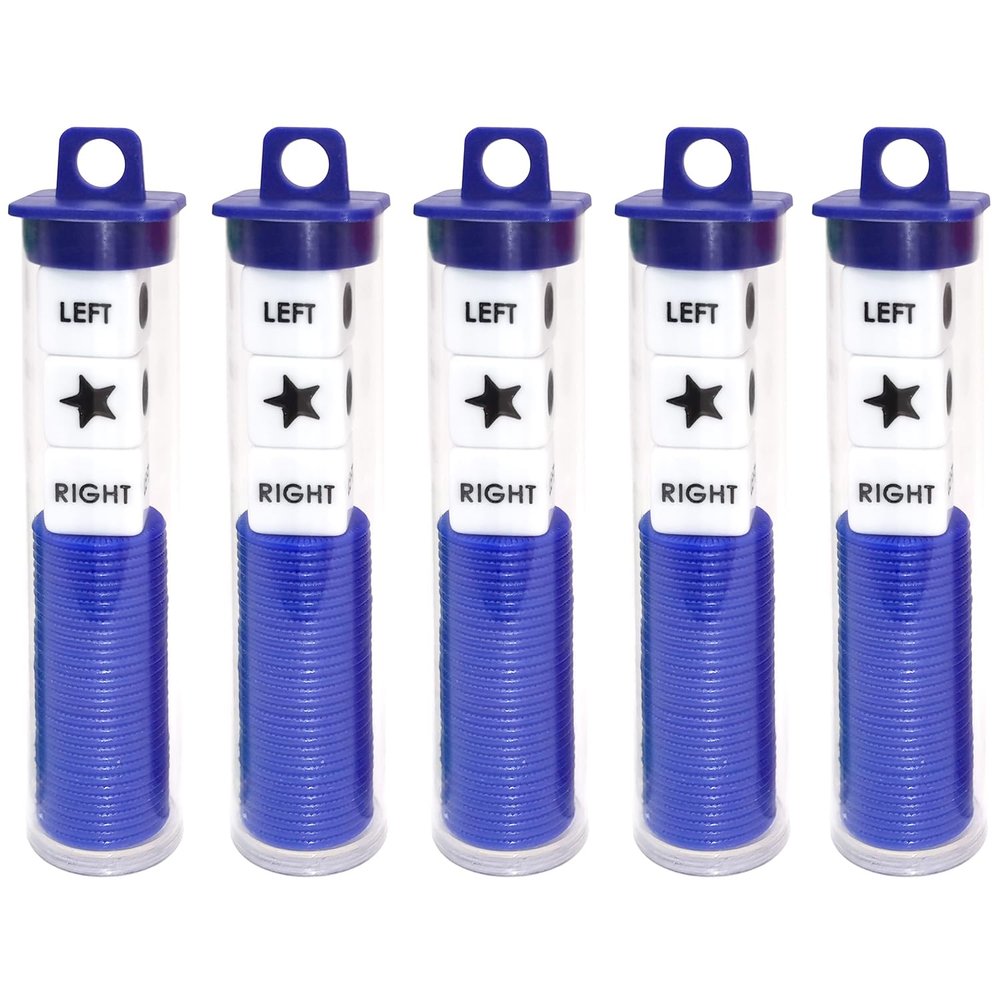 Ahoper Right Left Center Dice Game Prime Set Bundle with 3 Dices + 30 Chips. Round Tube Storage is Very Convenient for Travel. Easy to Store, Carry Around. (Blue 5 Pack)