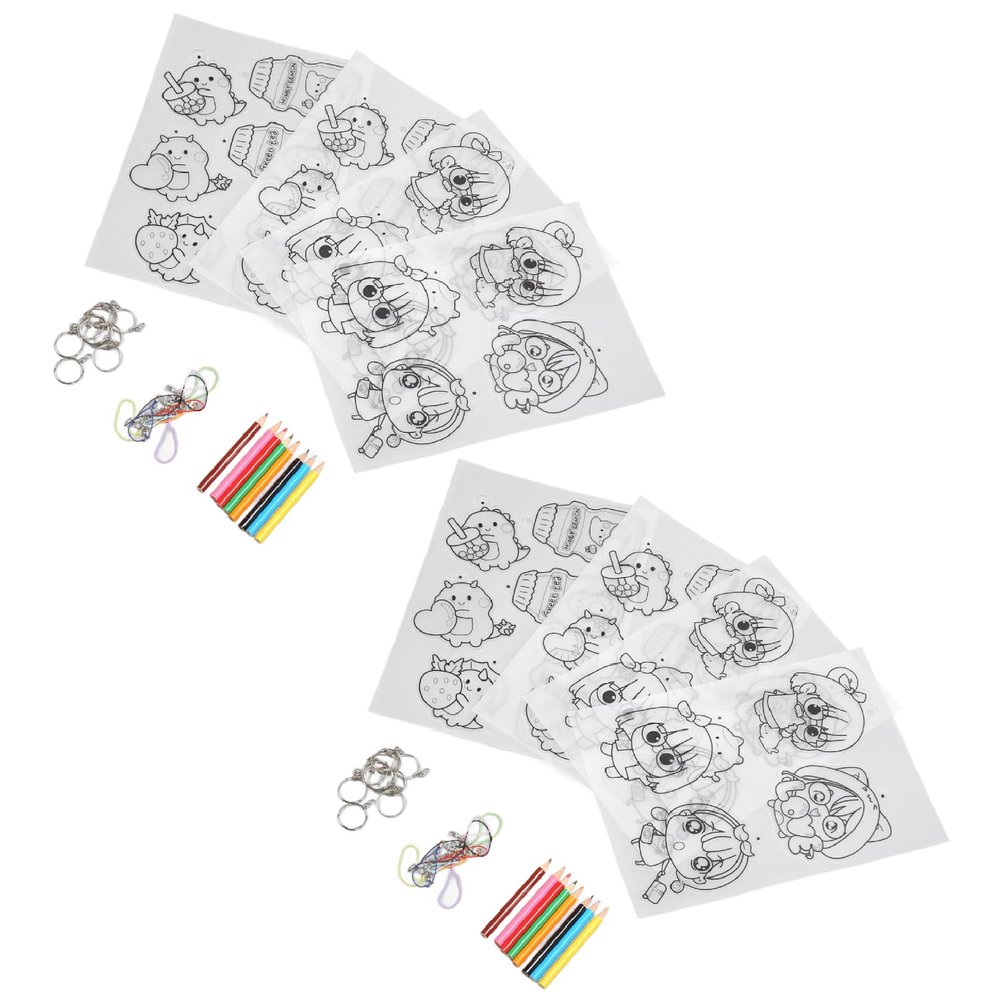 2Set Heat Shrink Sheet, Translucent Shrinky Paper Sheets Cartoon Characters Shrink Plastic Kit with Keychains Accessories and Pencils for DIY