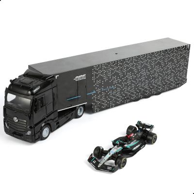1:43 Big Metal Transport Truck with Container and Race Car, Diecast Racing Hauler Semi Truck Model Diecast Toy for Boys Adults Birthday Black