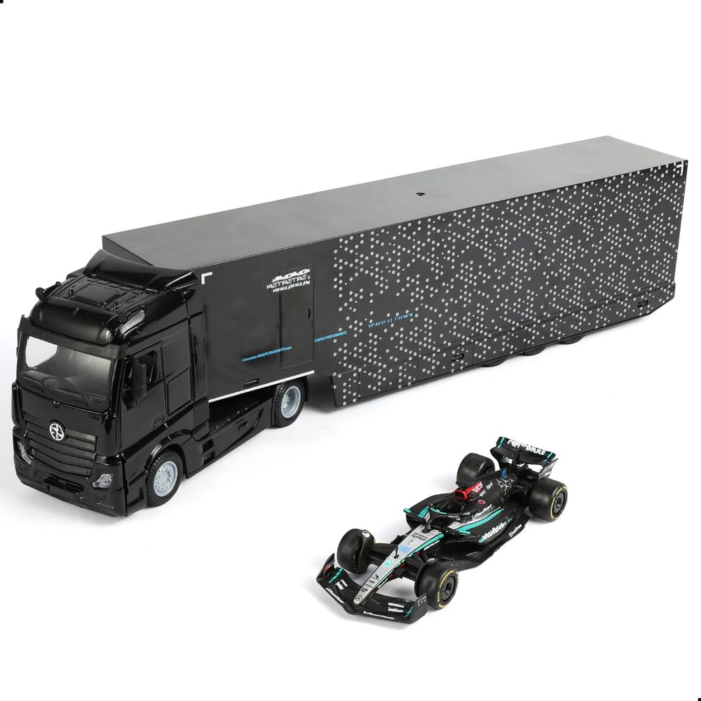 1:43 Big Metal Transport Truck with Container and Race Car, Diecast Racing Hauler Semi Truck Model Diecast Toy for Boys Adults Birthday Black
