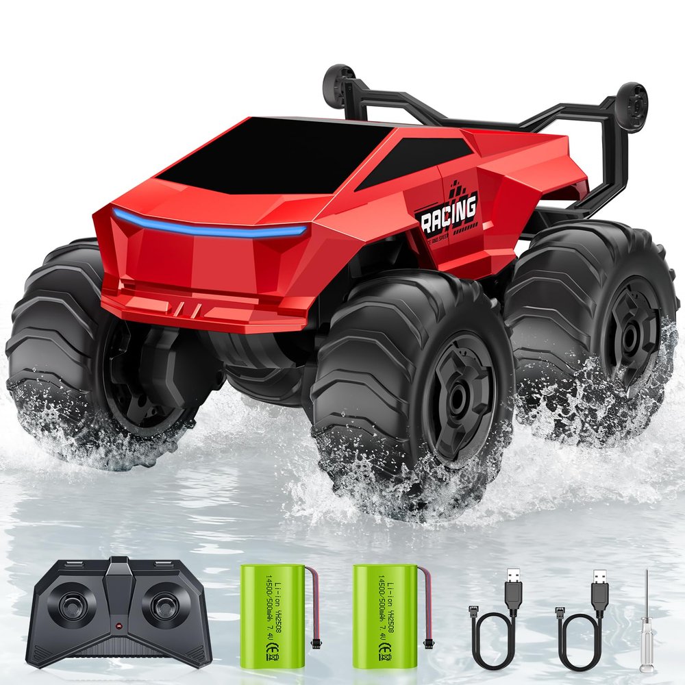 Remote Control Car RC Truck 1:16 Plus, 4WD Waterproof Amphibious RC Car All Terrain Pickup,2.4GHz Remote Monster Truck with 360 Rotating Standing Stunt Toy Car for Kids Boy Girl 4-7 8-12 Ages,Red