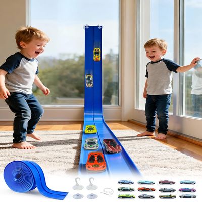15 Ft Flexible Race Car Track Double Lane Rolls Up Racetrack Compact, Compatible with Diecast 1/64th Cars, Outdoor Flex Track Gift for Ages 3 & Up-Blue