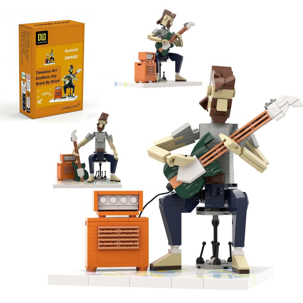 LUXEBLOCKS Electric Guitar Building Set - 323-Piece DIY Model Kit with Botanical & Crystal Accents, Buildable Desk Decor for Adults, Music-Themed Collectible for Guitar Lovers & Tech Fans Ages 14+