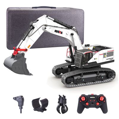 BICRKTOMXY 1:14 2.4G 4-in-1 Alloy RC Excavator with Bucket/Gripper/Drill Bit/Wood Gripper, 22CH RC Construction Vehicles with Dual Crawler & Realistic LED Lights Effects, Gifts for Adults Hobbyist