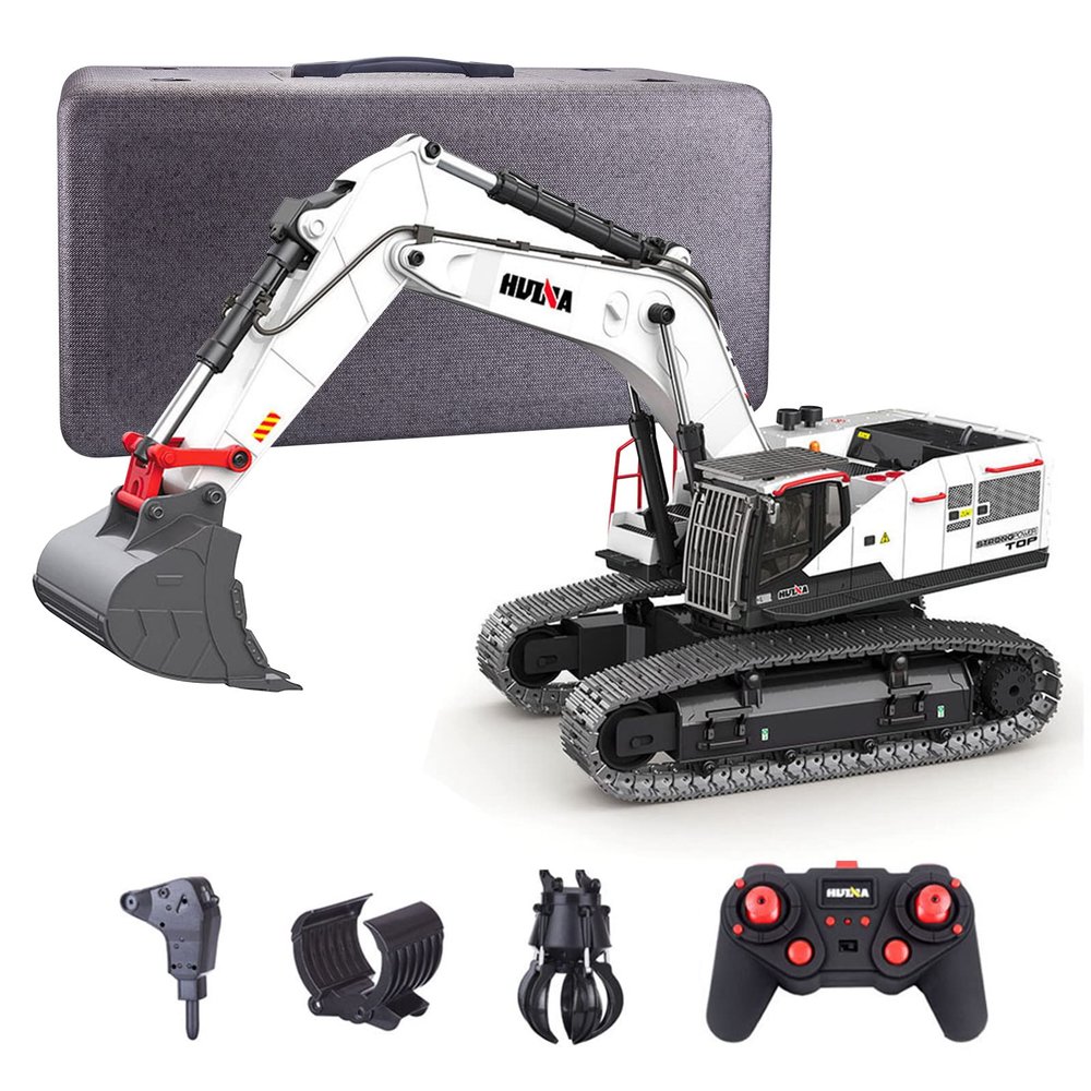 BICRKTOMXY 1:14 2.4G 4-in-1 Alloy RC Excavator with Bucket/Gripper/Drill Bit/Wood Gripper, 22CH RC Construction Vehicles with Dual Crawler & Realistic LED Lights Effects, Gifts for Adults Hobbyist