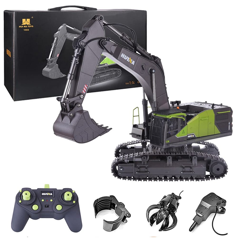 BICRKTOMXY 1:14 2.4G 4-in-1 RC Excavator with Ball Grabber/Wood Catcher/Breaking Head, 22CH RC Construction Vehicles with Dual Crawler & Realistic LED Lights Effects, Gifts for Adults Hobbyist
