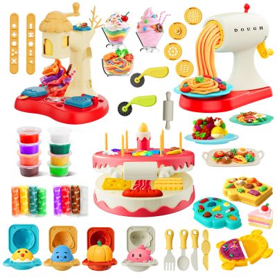 4 in 1 Color Dough Sets for Kids Ages 4-8,Kitchen Creation Toys with Ice Cream Maker,Noodle Maker,2-in-1 Hamburger&Cake Maker,Christmas Birthday Gifts for Boys Girls (16 Colorful Dough)