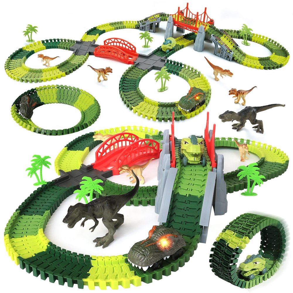 gearvibe Dinosaur Toys Race Track for Kids, 272PCS Flexible Race Car Track Set with Light & Sound Dino Cars, Create a Dino World Adventure, Easter Birthday Gifts for 3 4 5 6 7 Year Old Boys