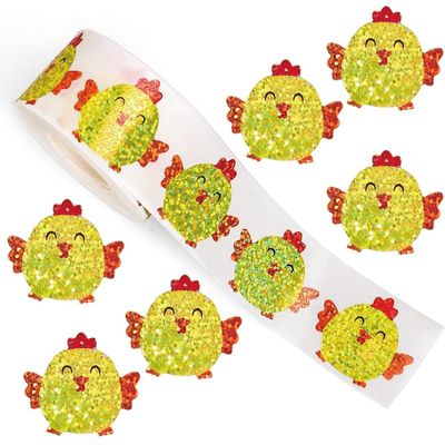 500Pcs Chick Stickers Roll 1.2in Glitter Vinyl Stickers Cartoon Chick Laser Label Tag Self-Adhesive Classroom Reward Waterproof Decals for Birthday Envelope Journal Decorations