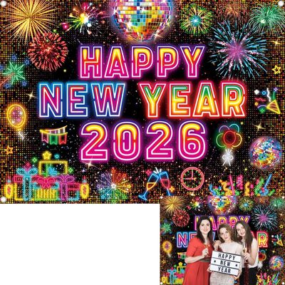 2026 Happy New Year Neon Backdrop 2026 New Years Eve Photography Background NYE Colorful Firework Year's Eve Party Decorations Banner Booth Props (8x6FT(2.4m x 1.8m))