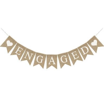 Engaged Banner Brown Burlap Sign Romantic Engagement Party Decorations Pre-Strung Heart Banner Garland Sign for Wedding Bridal Shower Party Backdrop Decorations