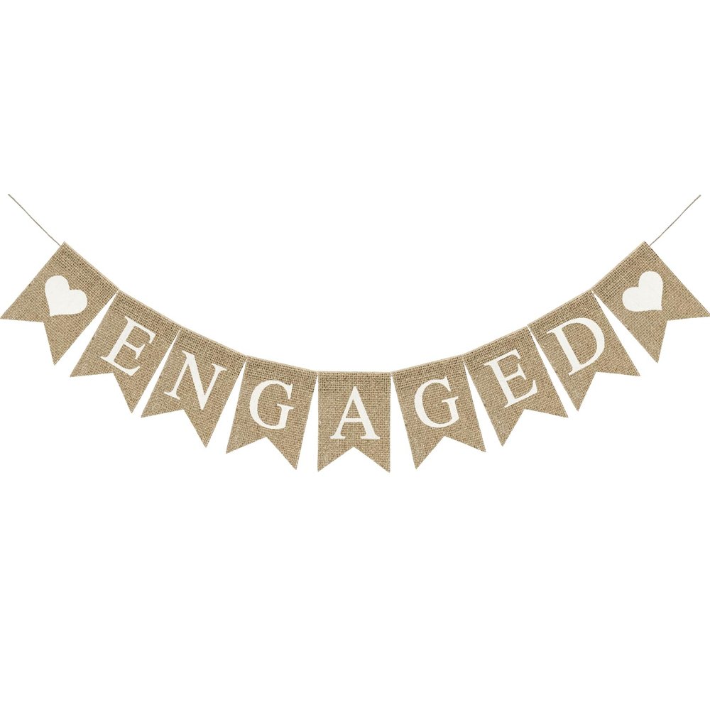 Engaged Banner Brown Burlap Sign Romantic Engagement Party Decorations Pre-Strung Heart Banner Garland Sign for Wedding Bridal Shower Party Backdrop Decorations