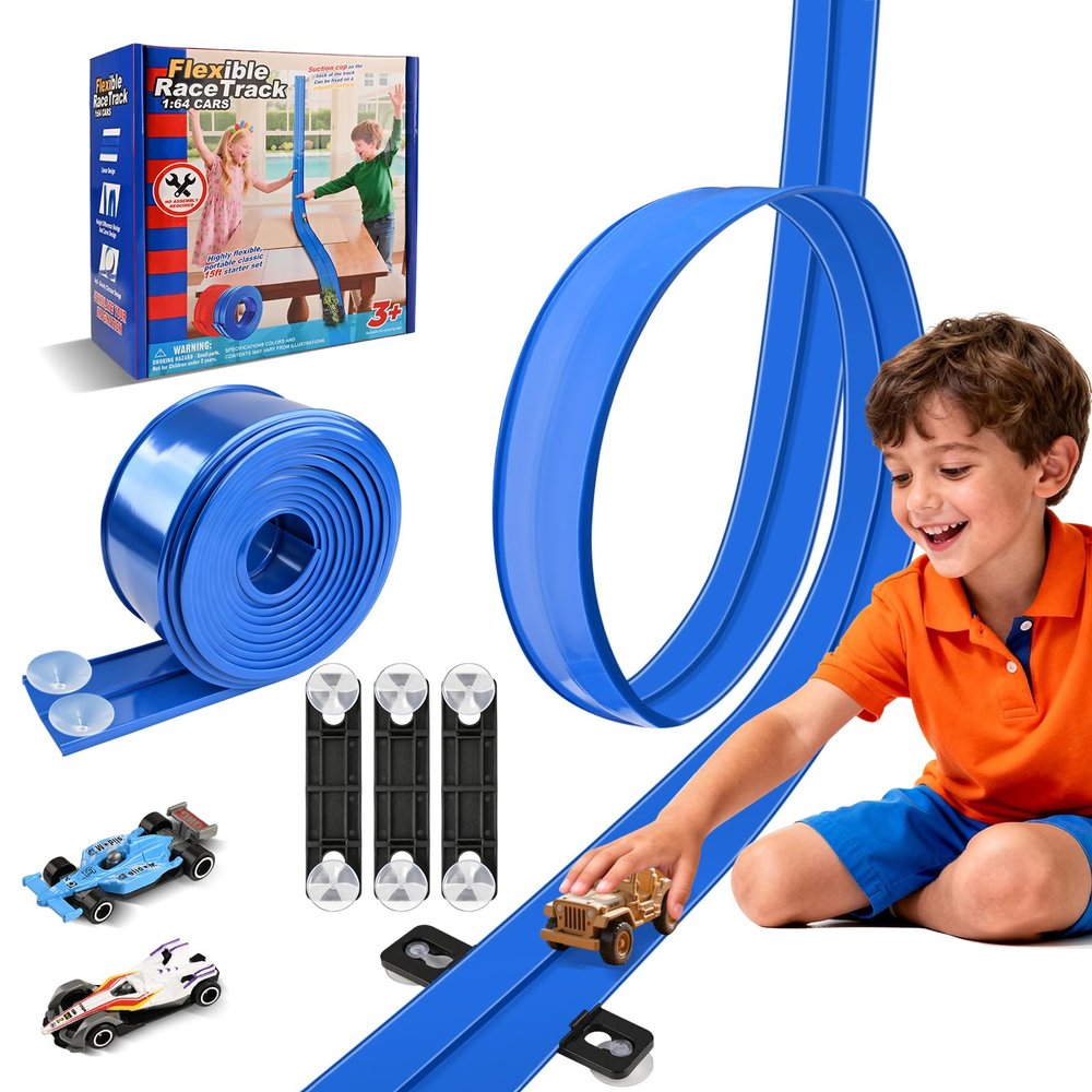 Flexible Race Car Track for Kids, 15Ft Race Track Toy with Suction Cups & 2 Alloy Cars & 3 Anchors, Compatible with Hot Wheels and Diecast 1/64th Cars for Ages 3 +, Rolls Up Portable Racetrack