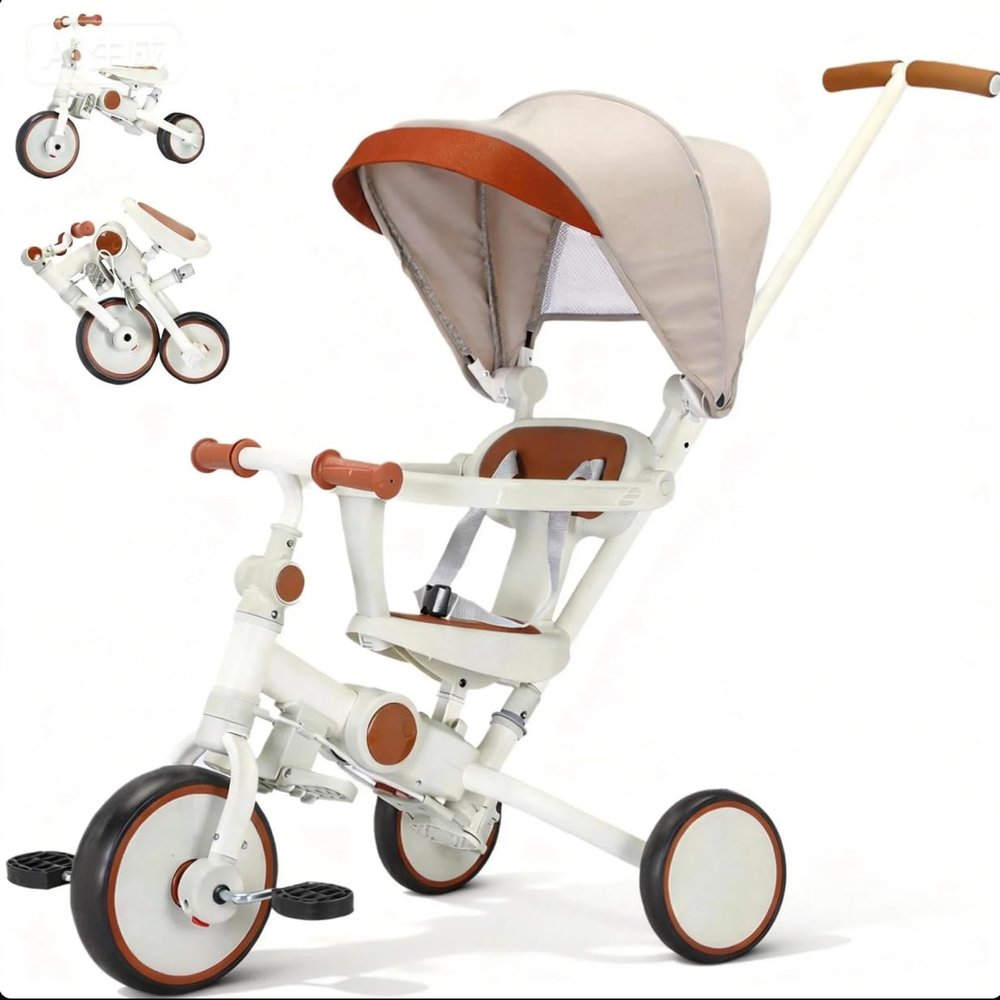 FVOJZQGD Toddler Push Foldable Tricycle with Canopy, 8 in 1 Balance Trike Baby Bike with Handle Toddler Tricycle for 1-3,Kids Folding Tricycles Chrismas and Birthday Gift for Boy and Girl Trike