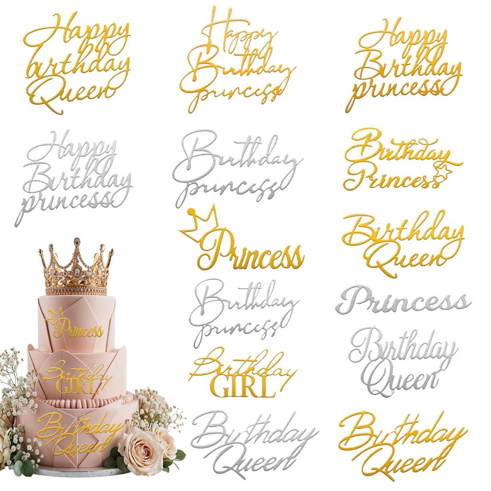 14pcs Birthday Queen Cake Topper Acrylic Gold Happy Birthday Queen Cake Topper for Women Queens Birthdays Decorations Cakes Decoration for Women Girls Valentine's Day Mother's Day