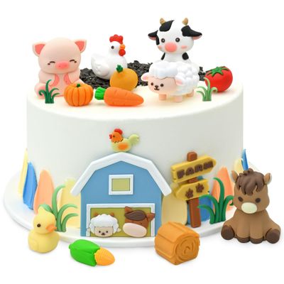 18PCS Farm Animal Cake Toppers Cute Barnyard Cake Decorations with Cow, Pig, Horse, Sheep, Duck, Chicken, Barn & Grass, Farm Animal Birthday Cake Decor for Baby Shower, Kids Party & Cupcake Supplies