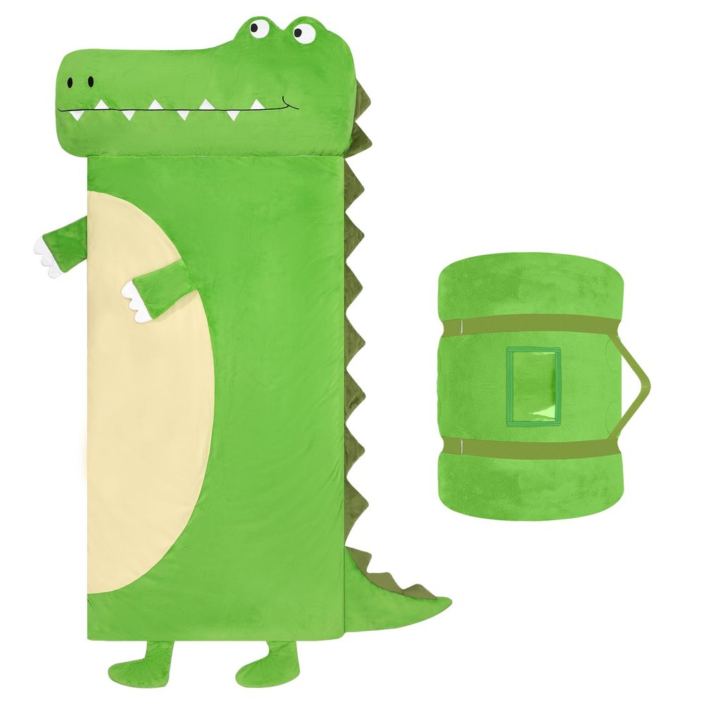 Toddler Nap Mat,Crocodile Kids Sleeping Bag 6727,Extra Large Slumber Bag Thick with Removable Pillow for Girls Boys,Soft Plush Roll Up Sleeping Mat Lightweight for Preschool,Daycare,Travel,Green