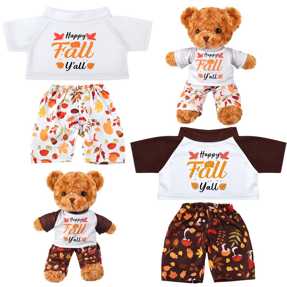 Civaner 2 Sets Fall Bear Clothes Outfit, Fit Most 12-16 Inch Bears Stuffed Animal Pajamas Plushie Clothes for Stuffed Animals, Beige and Mocha