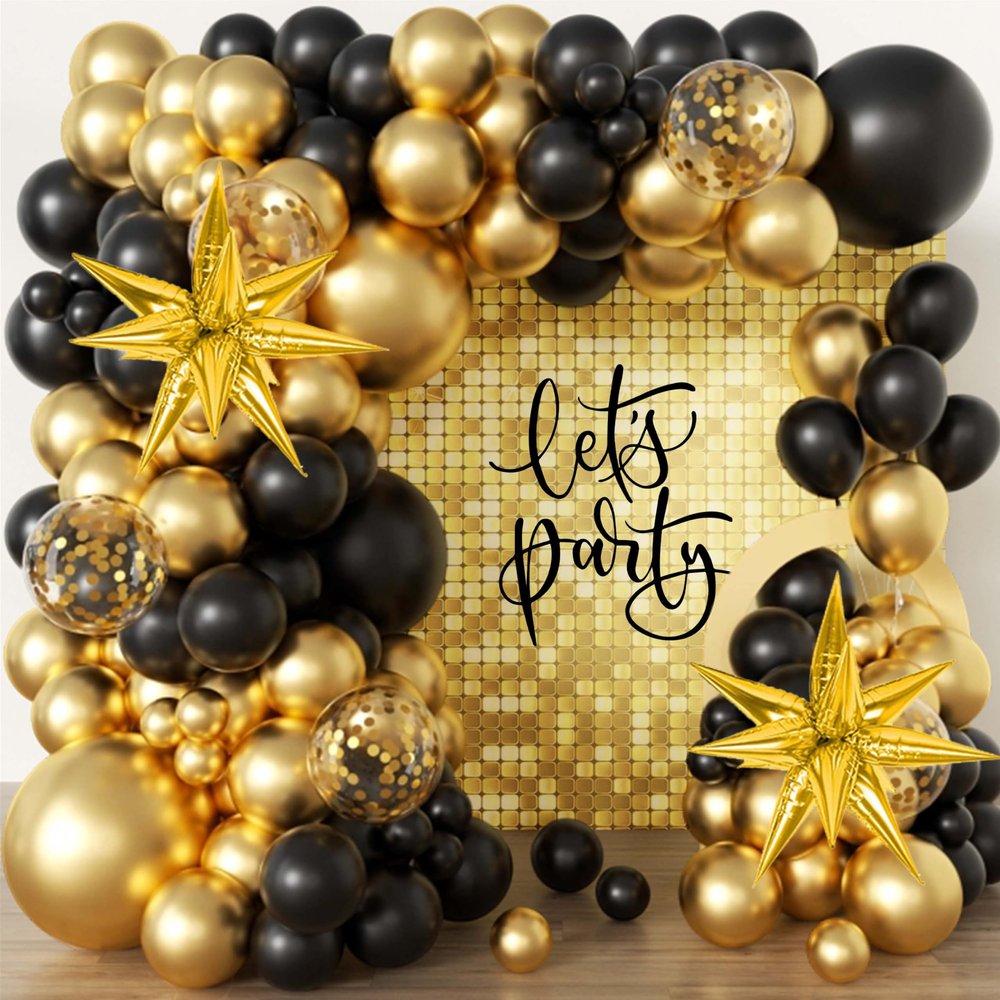 102pcs Black and Gold Balloon Garland Arch Kit with 2 Giant 3D Explosion Foil Stars, 18/12/10/5 Inch Metallic Latex & Confetti Balloons for 2026 Graduation, New Year Eve, Retirement Party