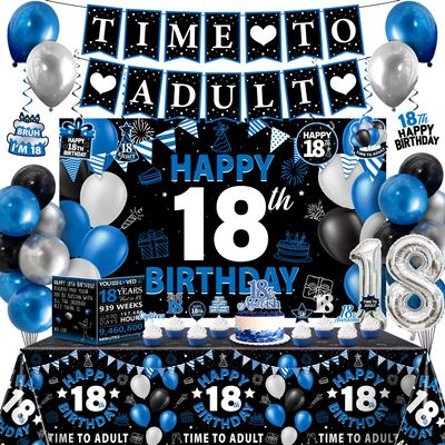 18th Birthday Decorations for Boys, 38Pcs 18 Birthday Boy Decorations Time To Adult Banner Backdrop, Happy 18th Birthday Tablecloth, 18 Year Old Boy Birthday Balloons Hanging Swirls Cake Toppers