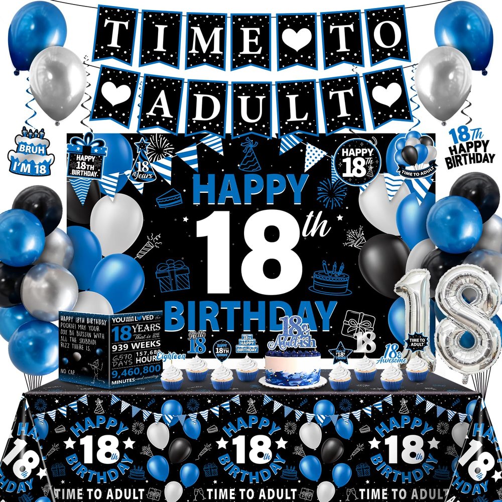 18th Birthday Decorations for Boys, 38Pcs 18 Birthday Boy Decorations Time To Adult Banner Backdrop, Happy 18th Birthday Tablecloth, 18 Year Old Boy Birthday Balloons Hanging Swirls Cake Toppers