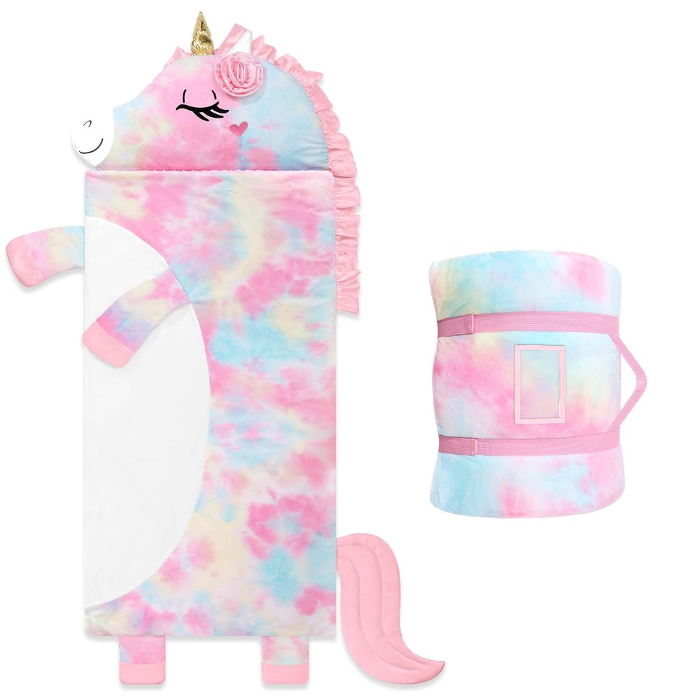 Toddler Nap Mat,Unicorn Kids Sleeping Bag 6727,Extra Large Slumber Bag Thick with Removable Pillow for Girls Boys,Soft Plush Roll Up Sleeping Mat Lightweight for Preschool,Daycare,Travel,Pink