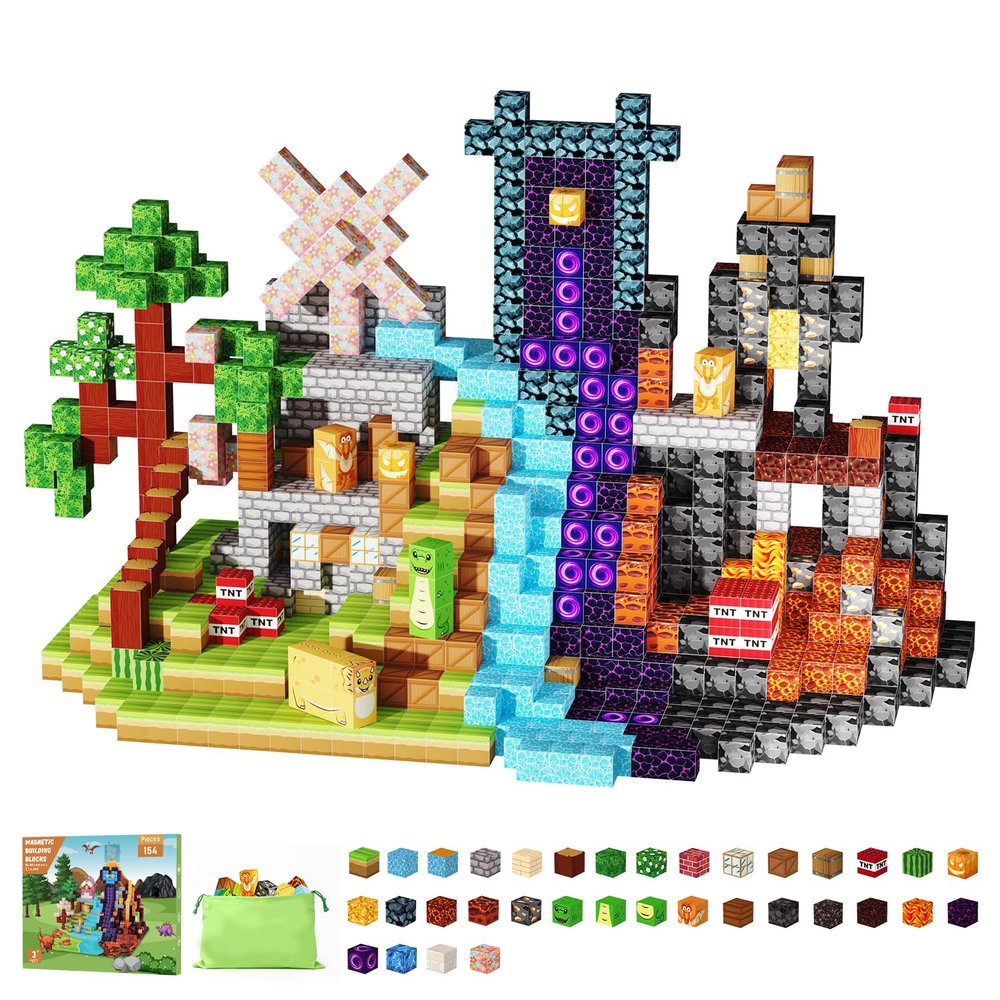 154PCS Magnetic Blocks, Magnetic Building Blocks with Dinosaur World, Magnetic Cubes STEM Toys for Kids Ages 3 4 5 6 7 8 9 10, Creative Magnet Toys & Christmas/Birthday Gift for Boys Girls(1 Inch)