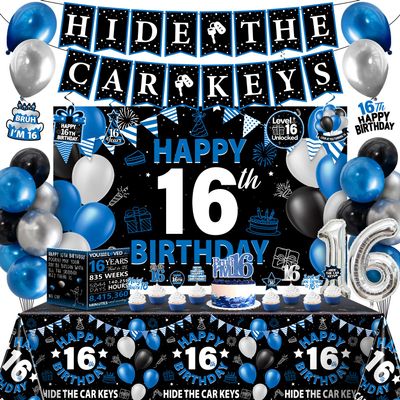 16th Birthday Decorations for Boys, 38Pcs 16 Birthday Boy Decorations Hide The Car Keys Banner Backdrop, Happy 16th Birthday Tablecloth, 16 Year Old Boy Birthday Balloons Hanging Swirls Cake Toppers