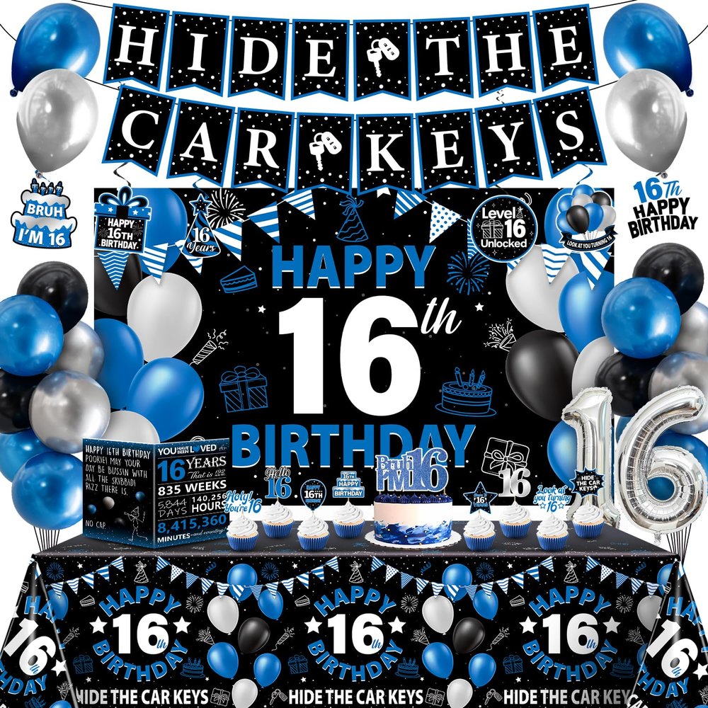 16th Birthday Decorations for Boys, 38Pcs 16 Birthday Boy Decorations Hide The Car Keys Banner Backdrop, Happy 16th Birthday Tablecloth, 16 Year Old Boy Birthday Balloons Hanging Swirls Cake Toppers
