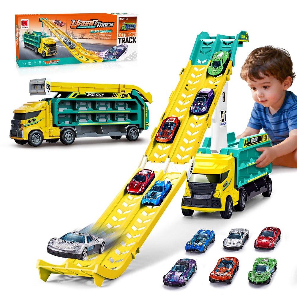 Race Track Truck Toys for 3 4 5 6 Years Old Kids - Carrier Truck Transport Car with 6 Die-Cast Cars Toys, 4-In-1 Truck with 2 Foldable Race Tracks, Christmas Birthday Gifts Toy for Toddler Boys,Yellow